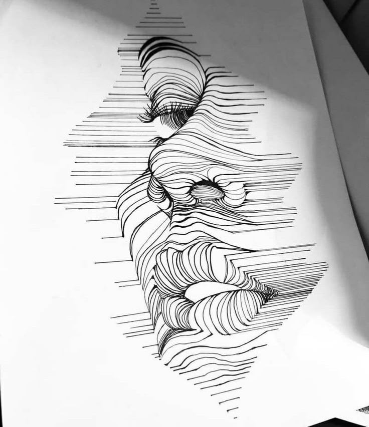 Abstract line art drawing creates a 3D face illusion with intricate, wavy patterns on a white background.
