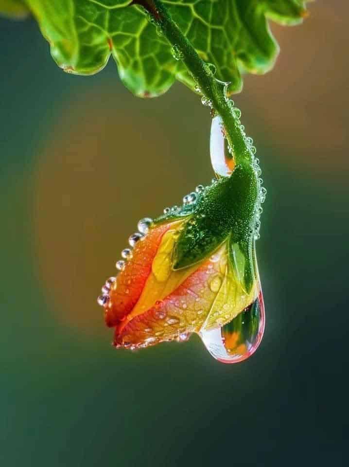 _ 14 Close-up of a vibrant flower bud covered in dew drops, hanging from a lush green leaf against a blurred background. | Sky Rye Design Close-up of a vibrant flower bud covered in dew drops, hanging from a lush green leaf against a blurred background.