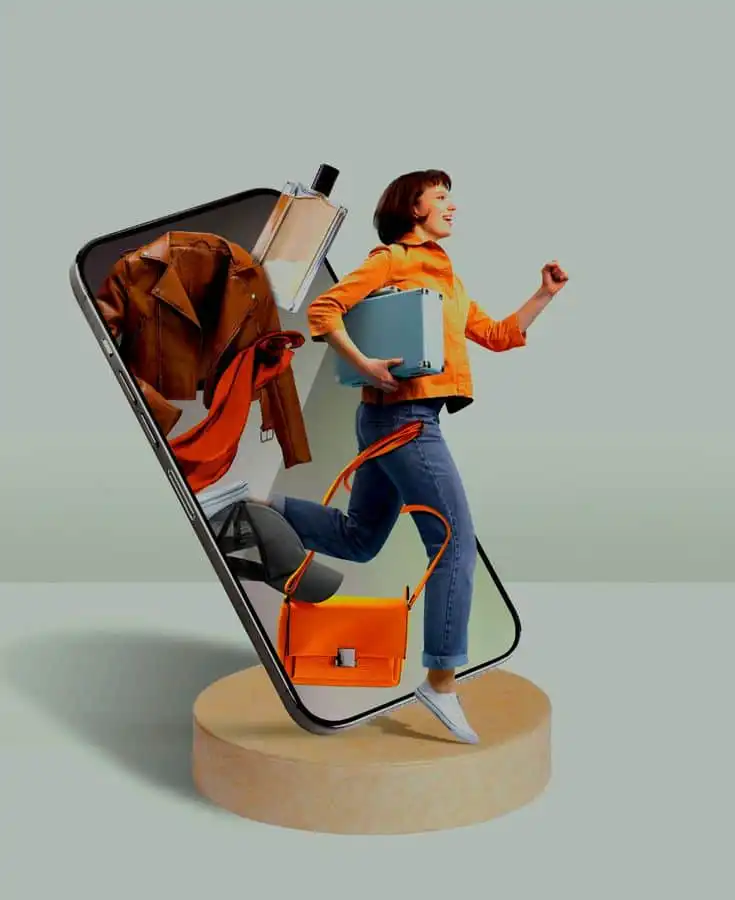 Woman stepping out of smartphone holding a book, surrounded by shopping items. Concept of online shopping and digital lifestyle.