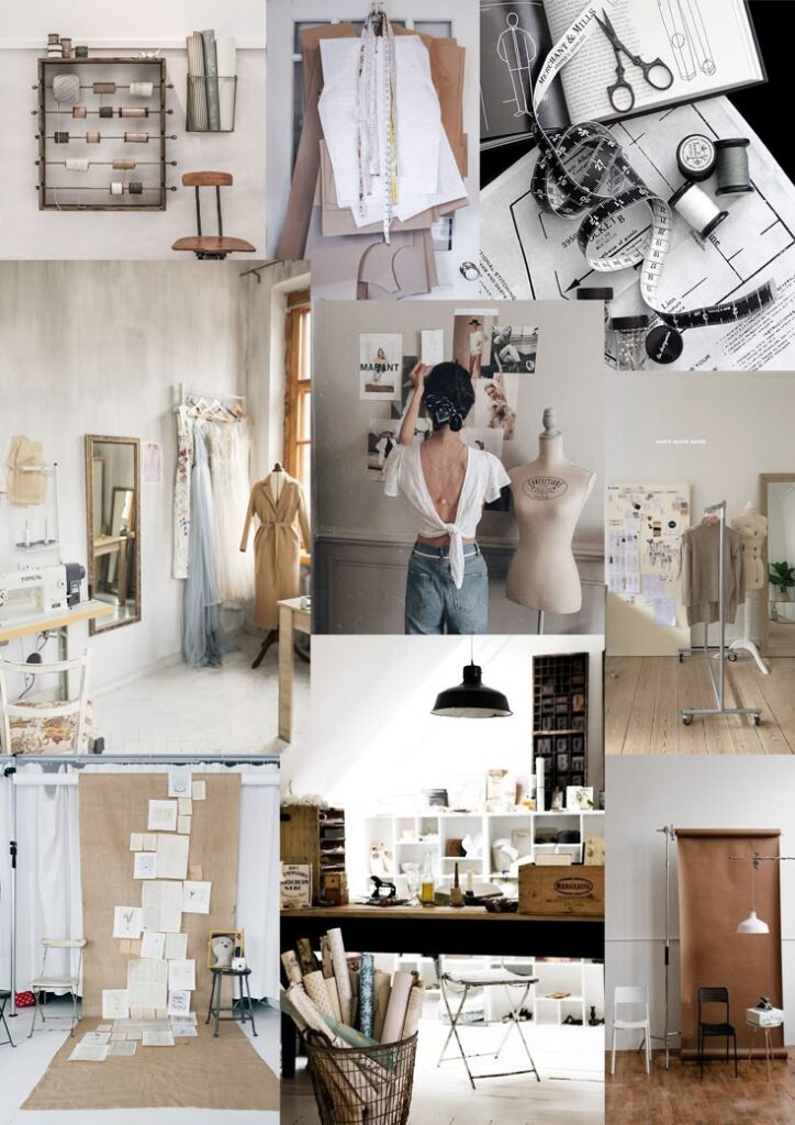 _ 14 Collage of fashion design studio elements: fabrics, sketches, mannequins, sewing tools, and inspiration boards in a creative workspace. | Sky Rye Design Collage of fashion design studio elements: fabrics, sketches, mannequins, sewing tools, and inspiration boards in a creative workspace.