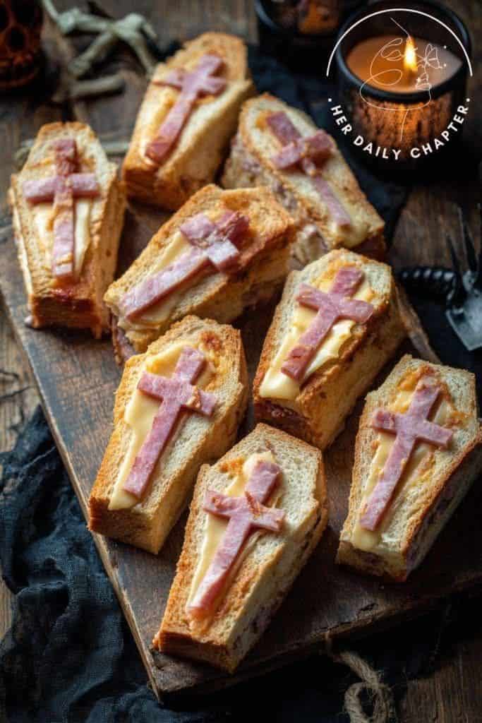 _ 14 Halloween-themed coffin sandwiches with cheese and ham cross toppings on a rustic wooden board. Spooky party snack idea. | Sky Rye Design Halloween-themed coffin sandwiches with cheese and ham cross toppings on a rustic wooden board. Spooky party snack idea.