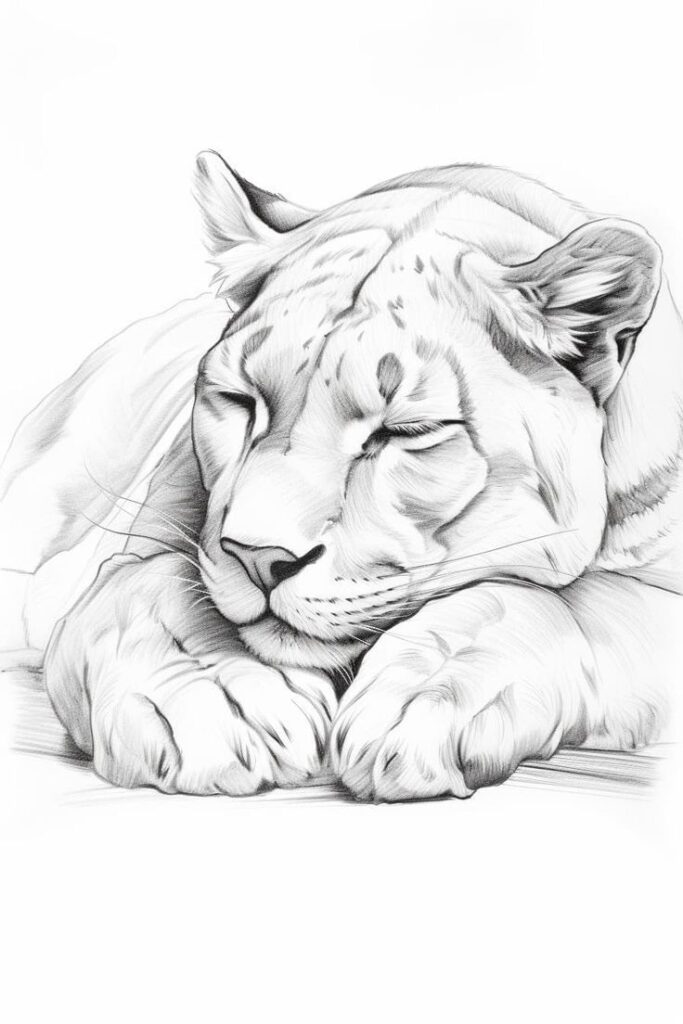 Sleeping lion sketch in pencil, capturing serene details and majestic beauty, perfect for wildlife art lovers and sketch enthusiasts.