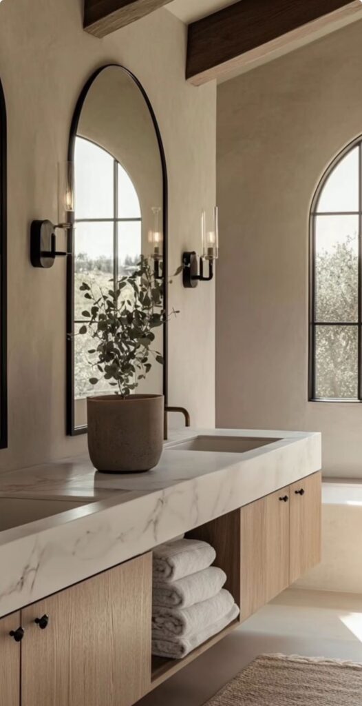 _ 14 Modern bathroom with a marble countertop, potted plant, arched mirrors, and natural light through large windows. Elegant and minimalist design. | Sky Rye Design Modern bathroom with a marble countertop, potted plant, arched mirrors, and natural light through large windows. Elegant and minimalist design.