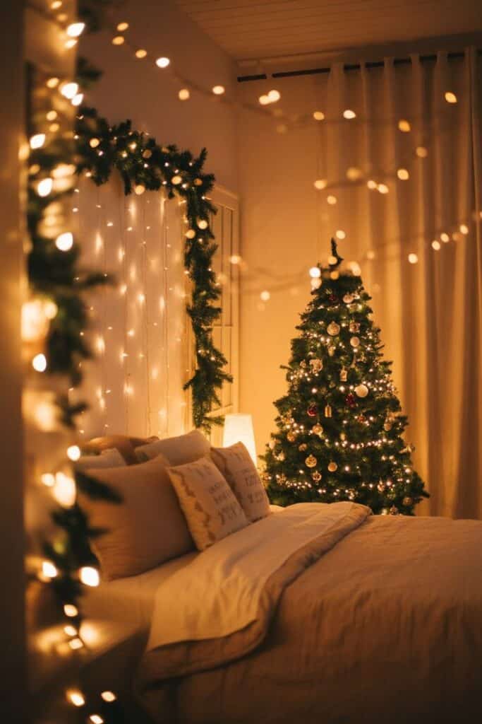14 Dreamy Bedroom Lighting Christmas Looks for a Warm Festive Glow Cozy bedroom with a lit Christmas tree, warm lights, and seasonal decorations create a festive and inviting atmosphere. | Sky Rye Design Cozy bedroom with a lit Christmas tree, warm lights, and seasonal decorations create a festive and inviting atmosphere.