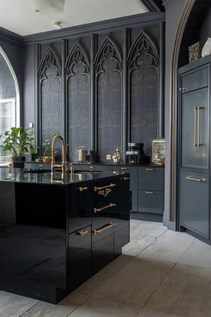 Luxurious dark modern kitchen with gothic accents, black cabinetry, gold fixtures, and indoor plants for a sophisticated look.