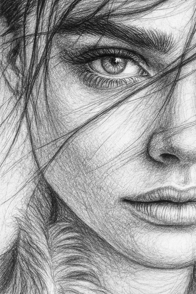 1464e1ae-fd39-4f07-8f2f-baa96ece1920 Intricate pencil sketch of a woman's face, focusing on a detailed eye and lips, showcasing artistic expression and depth. | Sky Rye Design Intricate pencil sketch of a woman's face, focusing on a detailed eye and lips, showcasing artistic expression and depth.