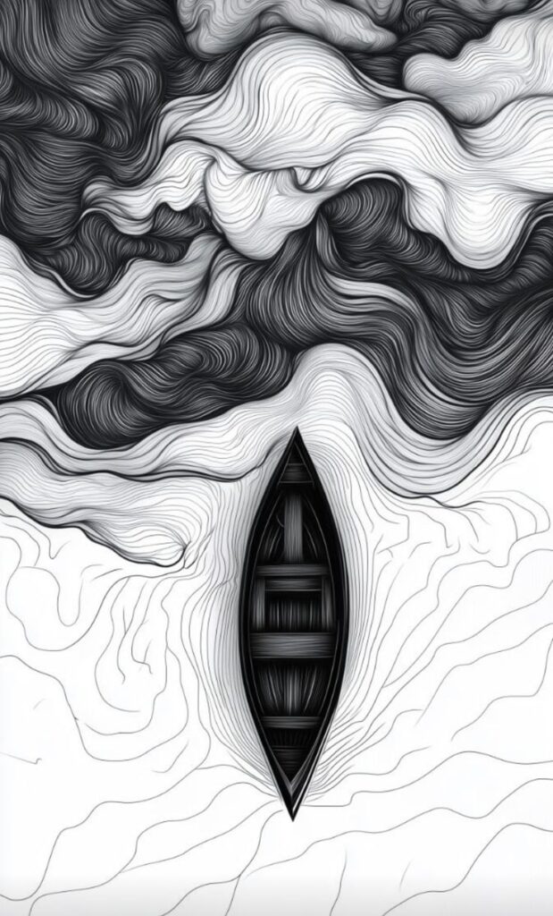Stylized black boat amidst swirling monochrome waves, creating a mesmerizing abstract pattern of movement and contrast.