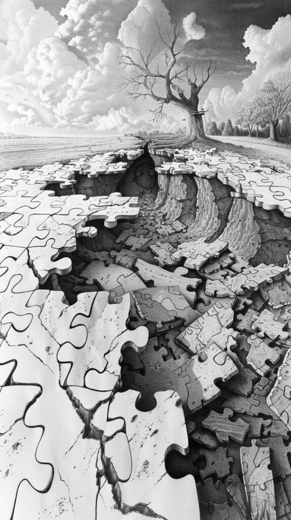 _ 15 Surreal puzzle landscape with a cracked ground and barren tree, blending into sky and fields, creating an optical illusion. | Sky Rye Design Surreal puzzle landscape with a cracked ground and barren tree, blending into sky and fields, creating an optical illusion.