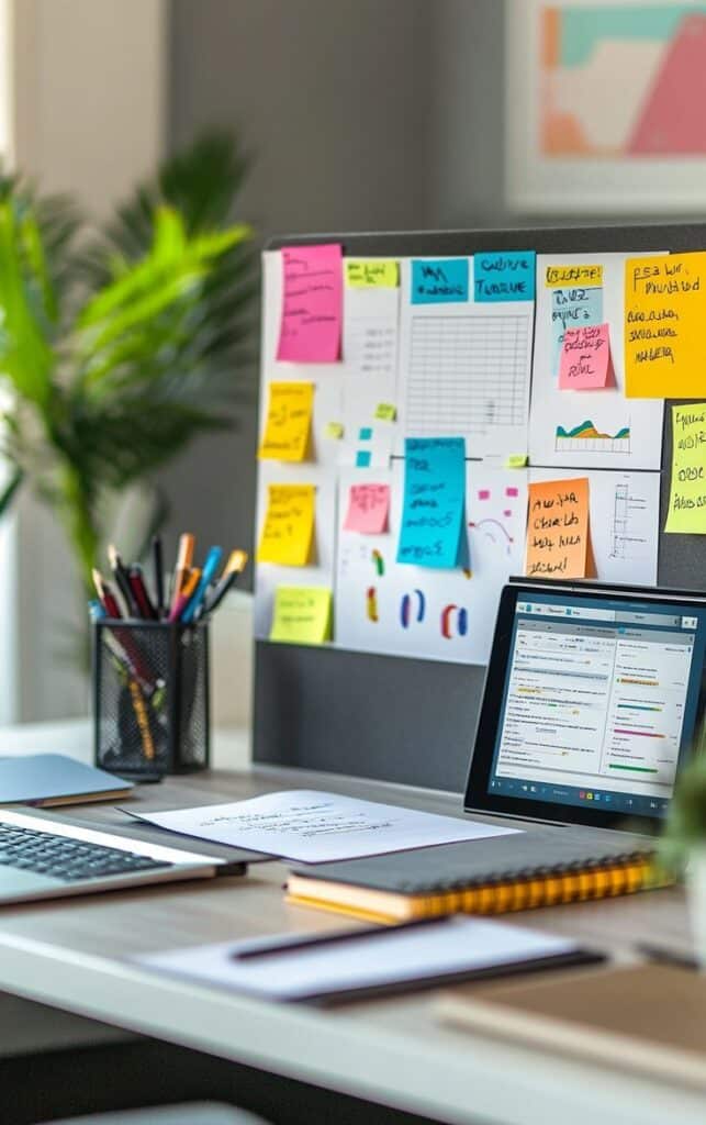 _ 15 Workspace with colorful sticky notes on a whiteboard, laptop, and notepads, ideal for brainstorming and organization. | Sky Rye Design Workspace with colorful sticky notes on a whiteboard, laptop, and notepads, ideal for brainstorming and organization.