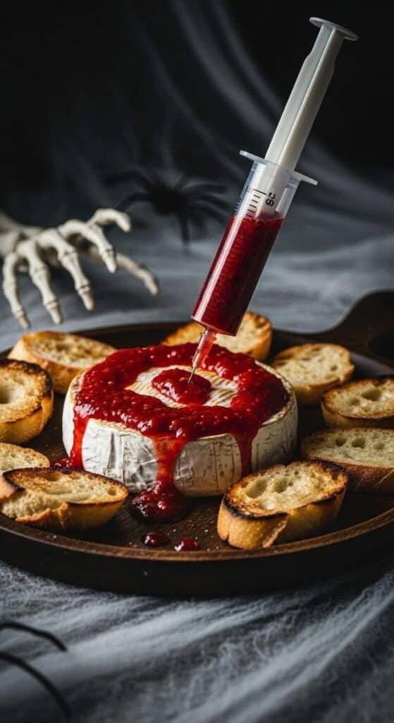 _ 15 Spooky Halloween brie with red sauce injected by syringe, surrounded by toast, skeleton hand in view, spider in background. | Sky Rye Design Spooky Halloween brie with red sauce injected by syringe, surrounded by toast, skeleton hand in view, spider in background.