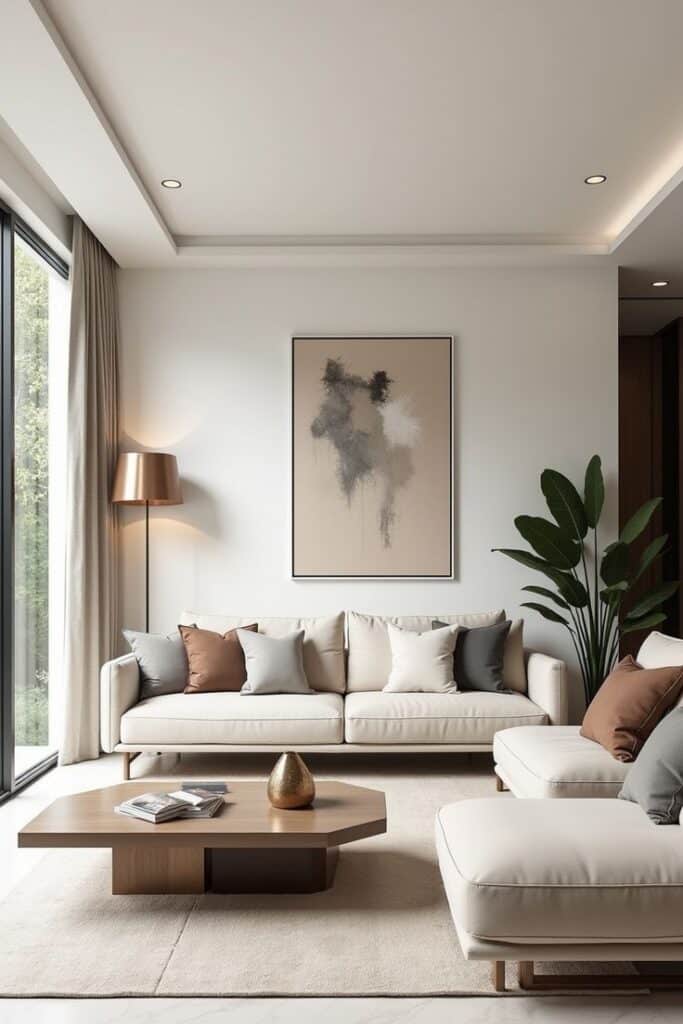 _ 15 Modern living room with white sofa, decorative pillows, abstract wall art, large window, and indoor plants for an elegant, cozy ambiance. | Sky Rye Design Modern living room with white sofa, decorative pillows, abstract wall art, large window, and indoor plants for an elegant, cozy ambiance.