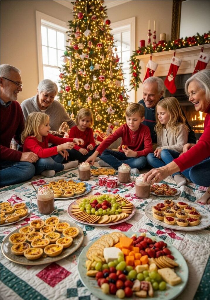 Family enjoying holiday treats by the Christmas tree, surrounded by festive decorations and cozy atmosphere.