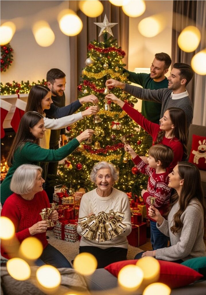 Family decorating Christmas tree together in a cozy living room, surrounded by gifts and festive decorations.