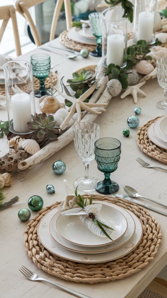 Elegant coastal-themed table setting with seashells, starfish, candles, and green glassware, perfect for a beach-inspired dining experience.
