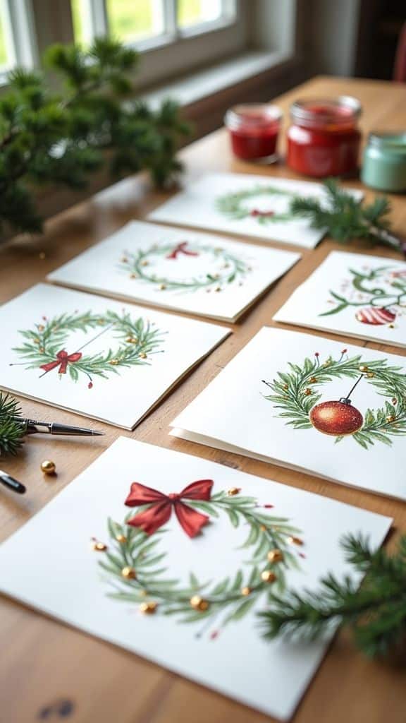 15 Creative Handmade Christmas Card Ideas to Try This Year - Christine Britton Holiday greeting cards with festive wreath designs on a wooden table, surrounded by evergreen branches and red candles. | Sky Rye Design Holiday greeting cards with festive wreath designs on a wooden table, surrounded by evergreen branches and red candles.