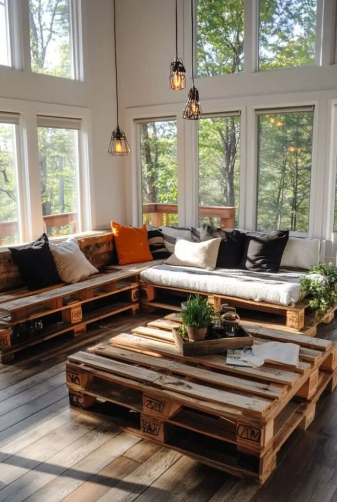 15 Creative Pallet Furniture Ideas Cozy sunlit living room with DIY pallet furniture, cushions, and indoor plants, offering a rustic and eco-friendly decor vibe. | Sky Rye Design Cozy sunlit living room with DIY pallet furniture, cushions, and indoor plants, offering a rustic and eco-friendly decor vibe.