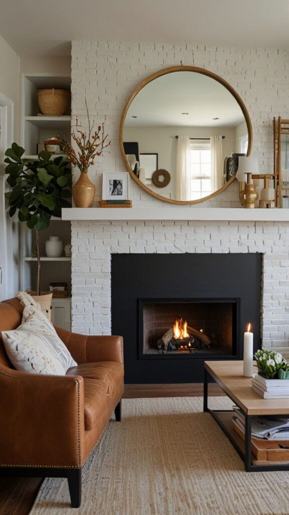+15 Fresh Spring Fireplace Mantel Ideas 2025 Remodel Color Trends Cozy living room with a brick fireplace, round mirror, leather sofa, candlelit coffee table, and stylish decor for a warm, inviting ambiance. | Sky Rye Design Cozy living room with a brick fireplace, round mirror, leather sofa, candlelit coffee table, and stylish decor for a warm, inviting ambiance.