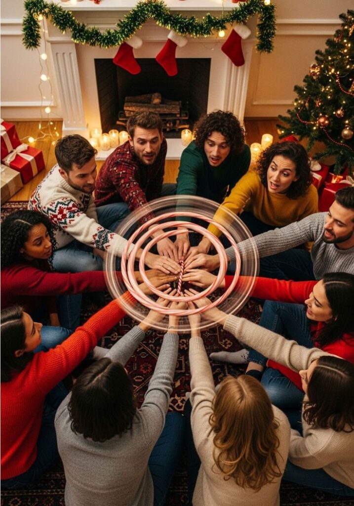 Group of friends celebrating Christmas, sitting by the fireplace and tree, holding candy canes in a circle, surrounded by gifts and decor.