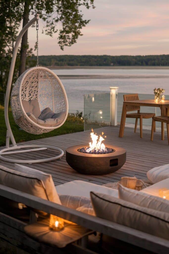 15 Modern Lake House Decoration Ideas_ Timeless Designs for a Serene Retreat - My Decor Inspo Scenic lakeside deck with a cozy swing chair, fire pit, and dining area at sunset, perfect for relaxing outdoor evenings. | Sky Rye Design Scenic lakeside deck with a cozy swing chair, fire pit, and dining area at sunset, perfect for relaxing outdoor evenings.