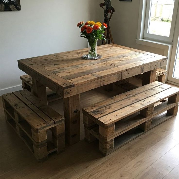 15 Pallet Wood Projects Ideas for Your Home Rustic wooden pallet dining table with matching benches and a vibrant floral centerpiece, creating a cozy and eco-friendly interior. | Sky Rye Design Rustic wooden pallet dining table with matching benches and a vibrant floral centerpiece, creating a cozy and eco-friendly interior.