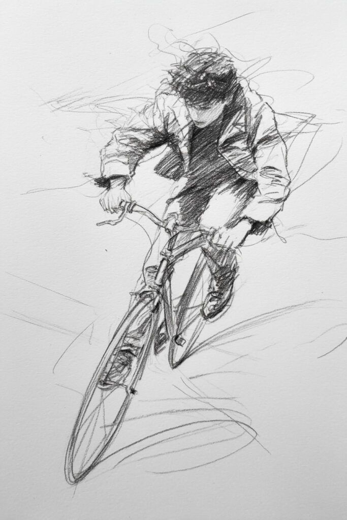 Sketch of a person cycling at speed, capturing motion and intensity with swift pencil strokes and dynamic composition.