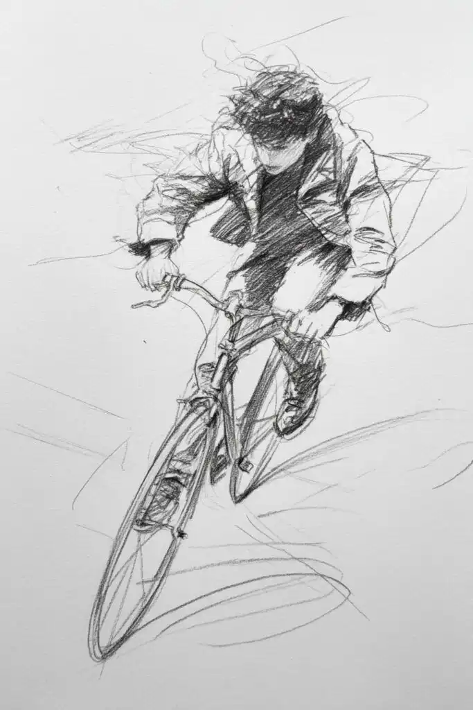 Sketch of a person cycling at speed, capturing motion and intensity with swift pencil strokes and dynamic composition.