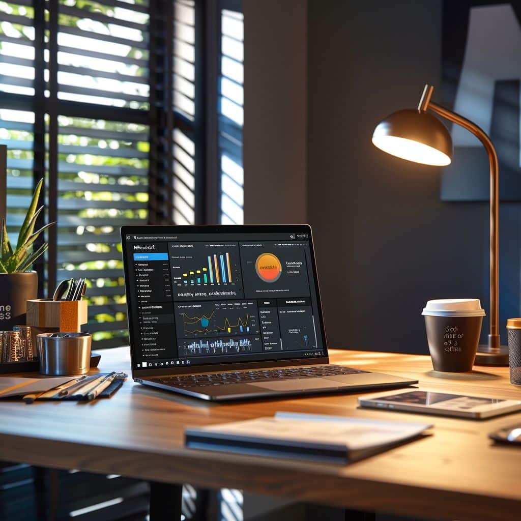 15a2b2da93dcdc5d0cfafae85ddf6986 Modern office desk with laptop displaying analytics dashboard, surrounded by notebooks, pens, a potted plant, and a coffee cup under a lamp. | Sky Rye Design Modern office desk with laptop displaying analytics dashboard, surrounded by notebooks, pens, a potted plant, and a coffee cup under a lamp.