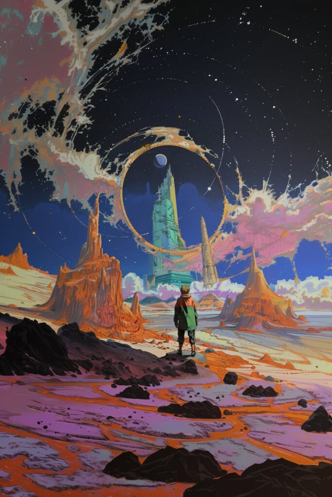 _ 16 A person stands on a colorful alien landscape, gazing at a futuristic tower with a celestial ring and distant planets in the sky. | Sky Rye Design A person stands on a colorful alien landscape, gazing at a futuristic tower with a celestial ring and distant planets in the sky.
