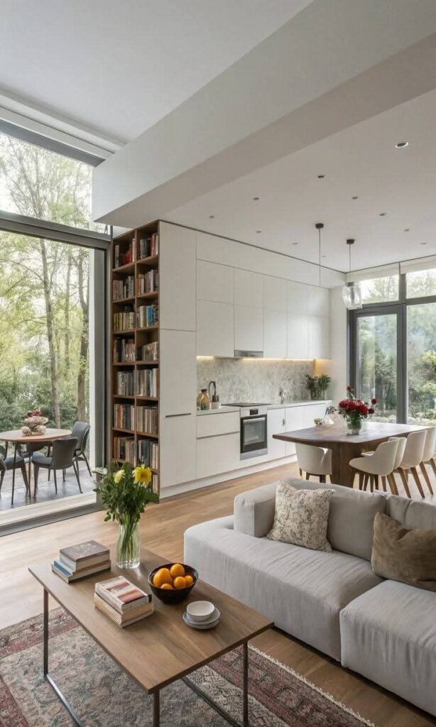 _ 16 Modern open-plan living area with a cozy kitchen, dining space, and natural light from large windows overlooking a scenic outdoor patio. | Sky Rye Design Modern open-plan living area with a cozy kitchen, dining space, and natural light from large windows overlooking a scenic outdoor patio. Interior Design for Property Investors