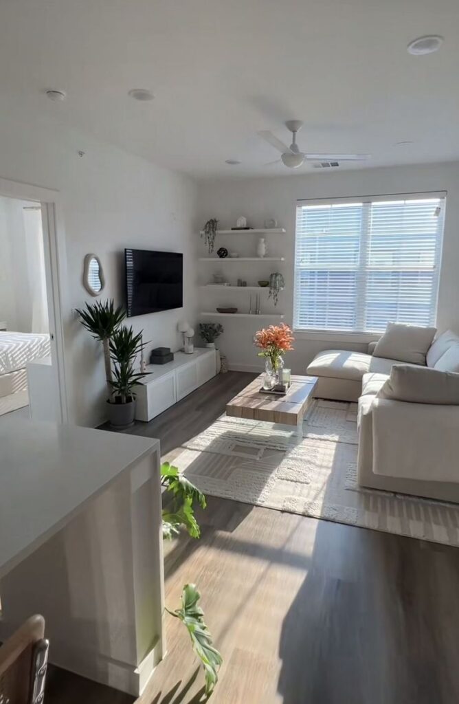 _ 16 Modern living room with white decor, plants, wall-mounted TV, and large windows letting in natural light on a cozy sofa and wooden floor. | Sky Rye Design Modern living room with white decor, plants, wall-mounted TV, and large windows letting in natural light on a cozy sofa and wooden floor.