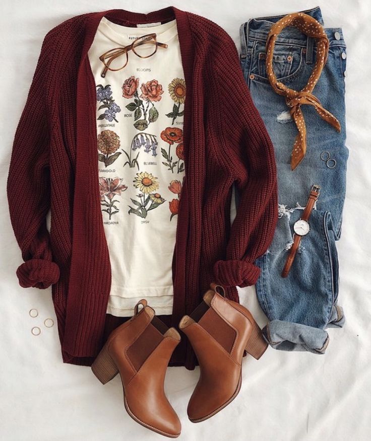 _ 16 Autumn outfit with floral tee, burgundy cardigan, distressed jeans, ankle boots, glasses, and accessories on display. Cozy and stylish look. | Sky Rye Design Autumn outfit with floral tee, burgundy cardigan, distressed jeans, ankle boots, glasses, and accessories on display. Cozy and stylish look.