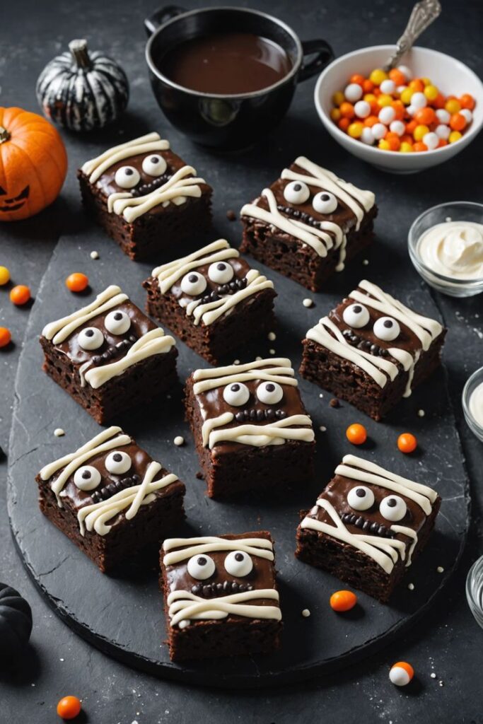 16 Recipes for Halloween Brownies you cant miss - Halloween-themed brownie squares decorated as mummies with candy eyes and frosting, surrounded by festive autumn candies and pumpkins. | Sky Rye Design Halloween-themed brownie squares decorated as mummies with candy eyes and frosting, surrounded by festive autumn candies and pumpkins.
