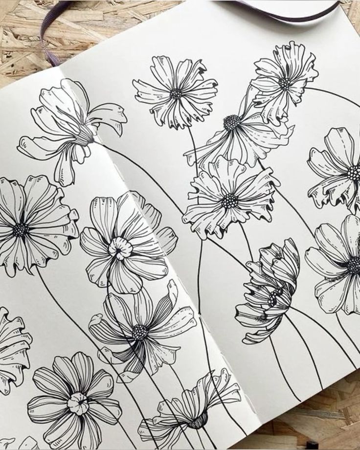 Open sketchbook with detailed black and white line drawings of blooming flowers, perfect for coloring or art inspiration.