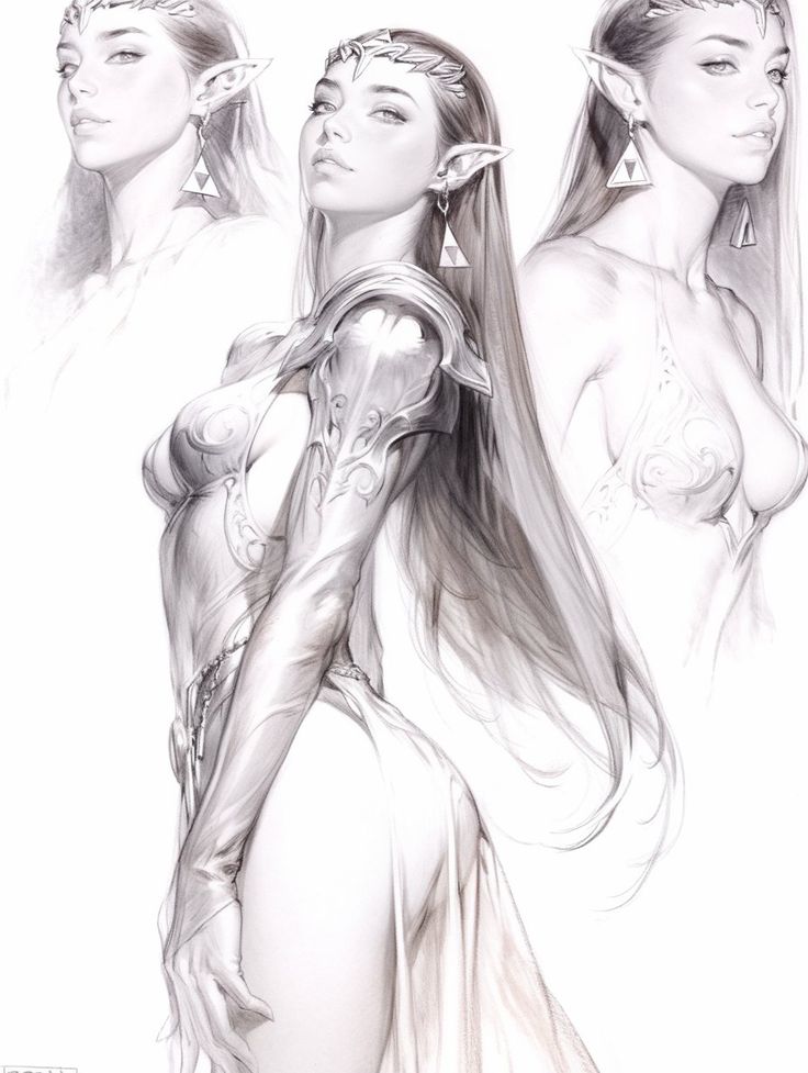 _ 17 Fantasy elf woman illustration in armor with long hair and pointed ears, featuring intricate design elements and ethereal expression. | Sky Rye Design Fantasy elf woman illustration in armor with long hair and pointed ears, featuring intricate design elements and ethereal expression. Fantasy Drawing