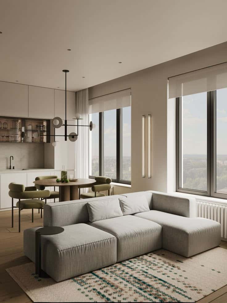 _ 17 Modern open living room with gray sofa, large windows, and stylish kitchen; chic and minimalistic interior design. | Sky Rye Design Modern open living room with gray sofa, large windows, and stylish kitchen; chic and minimalistic interior design.