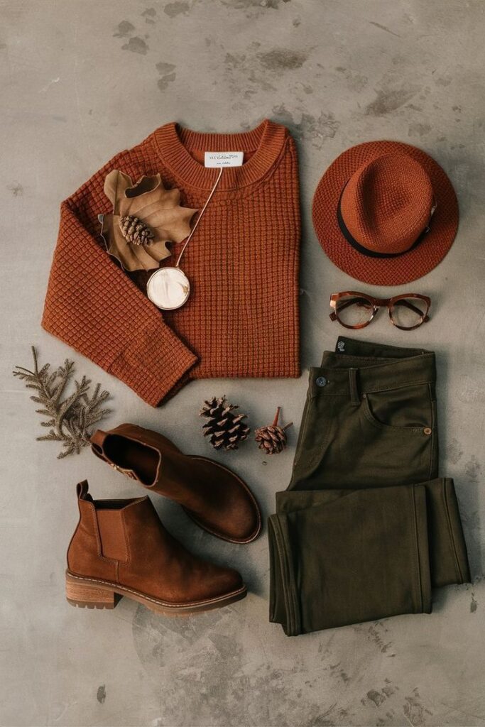 _ 17 Flat lay of autumn fashion: rust sweater, brown hat, glasses, watch, green pants, ankle boots with pinecones on a gray background. | Sky Rye Design Flat lay of autumn fashion: rust sweater, brown hat, glasses, watch, green pants, ankle boots with pinecones on a gray background.