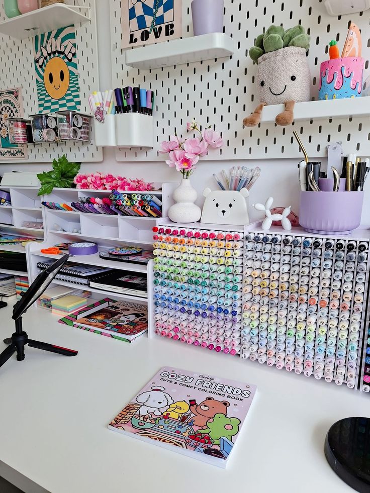 _ 17 Colorful, organized art supplies on a creative desk with markers, notebooks, and decor, showcasing a vibrant workspace for artists. | Sky Rye Design Colorful, organized art supplies on a creative desk with markers, notebooks, and decor, showcasing a vibrant workspace for artists.