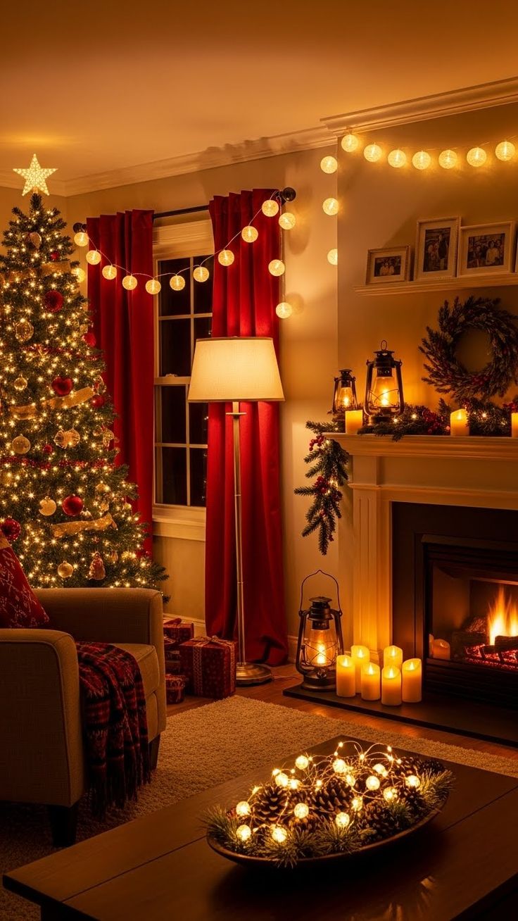 17+ Christmas Living Room Decor Ideas for a Festive Home Cozy living room with a decorated Christmas tree, fireplace, and festive lights creating a warm holiday ambiance. | Sky Rye Design Cozy living room with a decorated Christmas tree, fireplace, and festive lights creating a warm holiday ambiance.