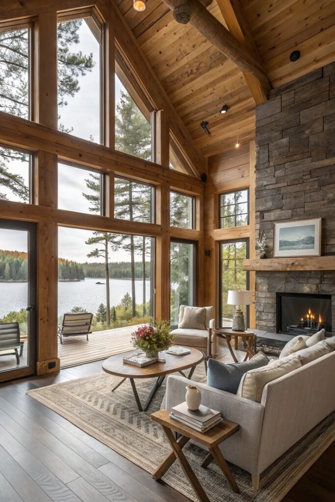 17+ Inspiring Modern Lake House Ideas Cozy lakeside cabin living room with large windows, stone fireplace, and wooden beams, overlooking a serene forest and tranquil lake scenery. | Sky Rye Design Cozy lakeside cabin living room with large windows, stone fireplace, and wooden beams, overlooking a serene forest and tranquil lake scenery.