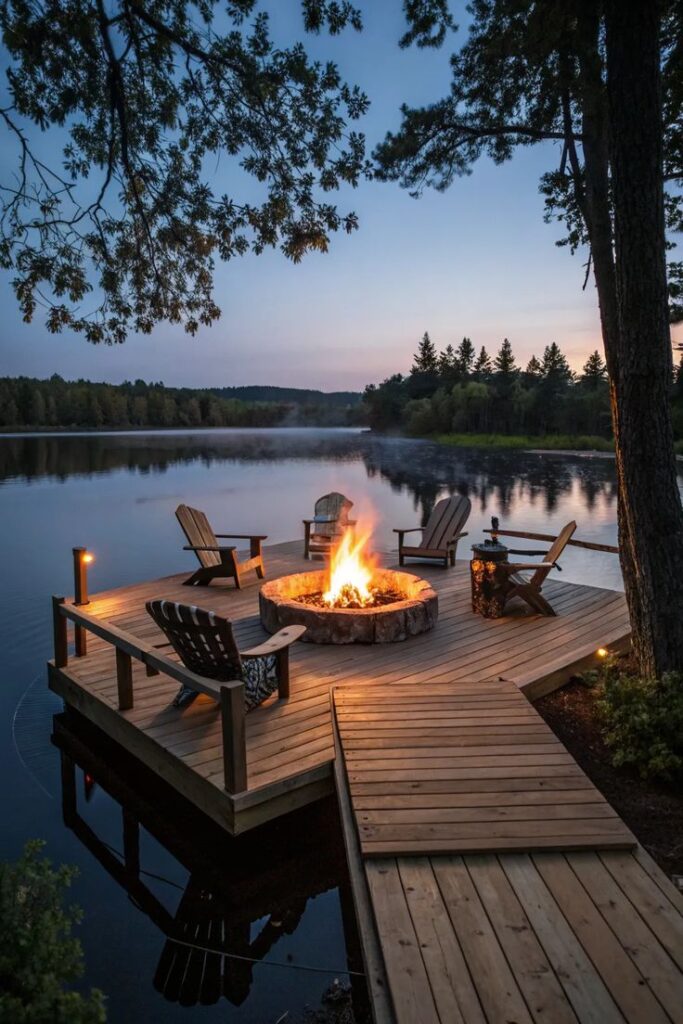 17+ Stunning Pond Dock Ideas for Your Backyard Lakeside deck with Adirondack chairs around a glowing fire pit at dusk, surrounded by trees and a serene water view. | Sky Rye Design Lakeside deck with Adirondack chairs around a glowing fire pit at dusk, surrounded by trees and a serene water view.