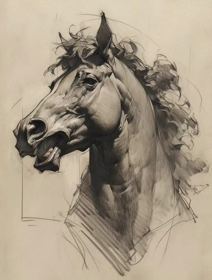 Illustration of a horse head with flowing mane in detailed pencil sketch, showcasing dynamic motion and artistry.