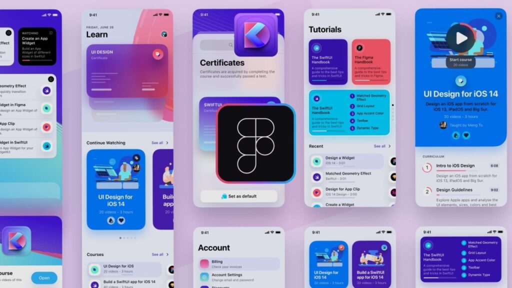 1727017908520 Mobile app UI showcasing courses on iOS design and SwiftUI, highlighting tutorials, certificates, and account settings in vibrant colors. | Sky Rye Design Mobile app UI showcasing courses on iOS design and SwiftUI, highlighting tutorials, certificates, and account settings in vibrant colors.