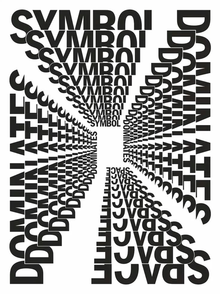 Abstract typography design with repeated words SYMBOL SPACE DOMINATES, creating an optical illusion of depth and movement.