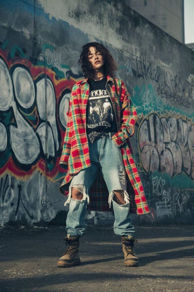 Street style fashion: person in plaid shirt, ripped jeans, and boots poses by colorful graffiti wall, embodying urban grunge look.