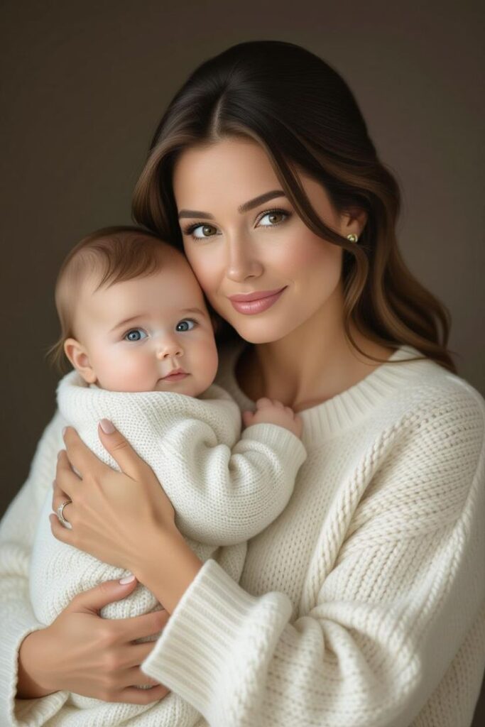 _ 18 Mother and baby in cozy sweaters embrace lovingly, capturing special bond and warmth in a serene, nurturing moment. | Sky Rye Design Mother and baby in cozy sweaters embrace lovingly, capturing special bond and warmth in a serene, nurturing moment.