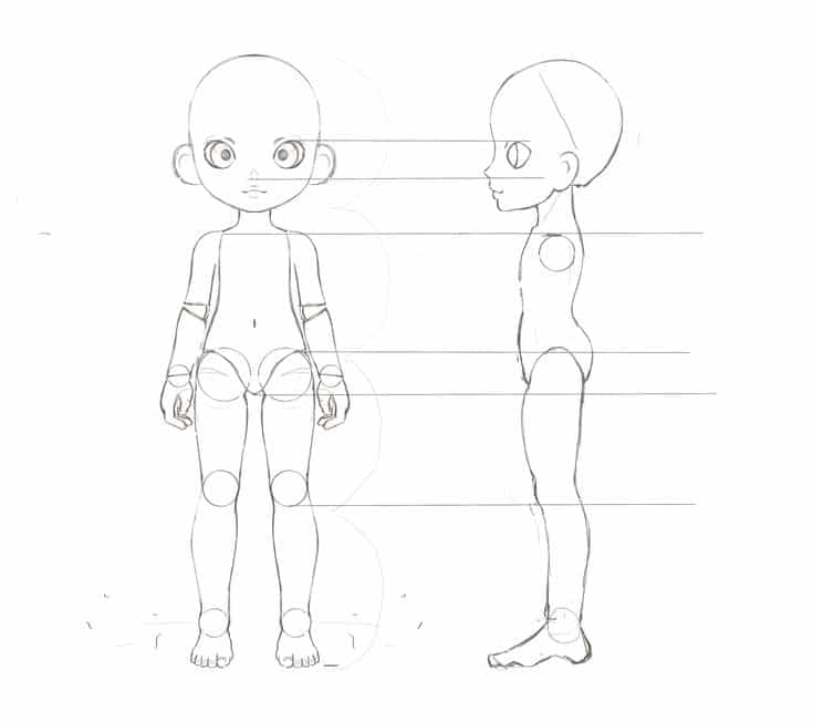 _ 18 Anime character design sketch, front and side view, showing proportions and guidelines for artists. | Sky Rye Design Anime character design sketch, front and side view, showing proportions and guidelines for artists.