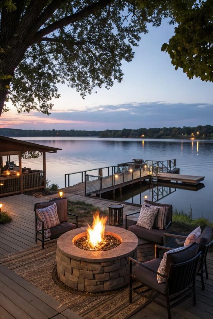 18+ Creative Boat Dock Bar Ideas for Your Backyard Cozy lakeside fire pit seating area with a wooden deck and serene sunset view over the water, surrounded by trees and a lit pier. | Sky Rye Design Cozy lakeside fire pit seating area with a wooden deck and serene sunset view over the water, surrounded by trees and a lit pier.