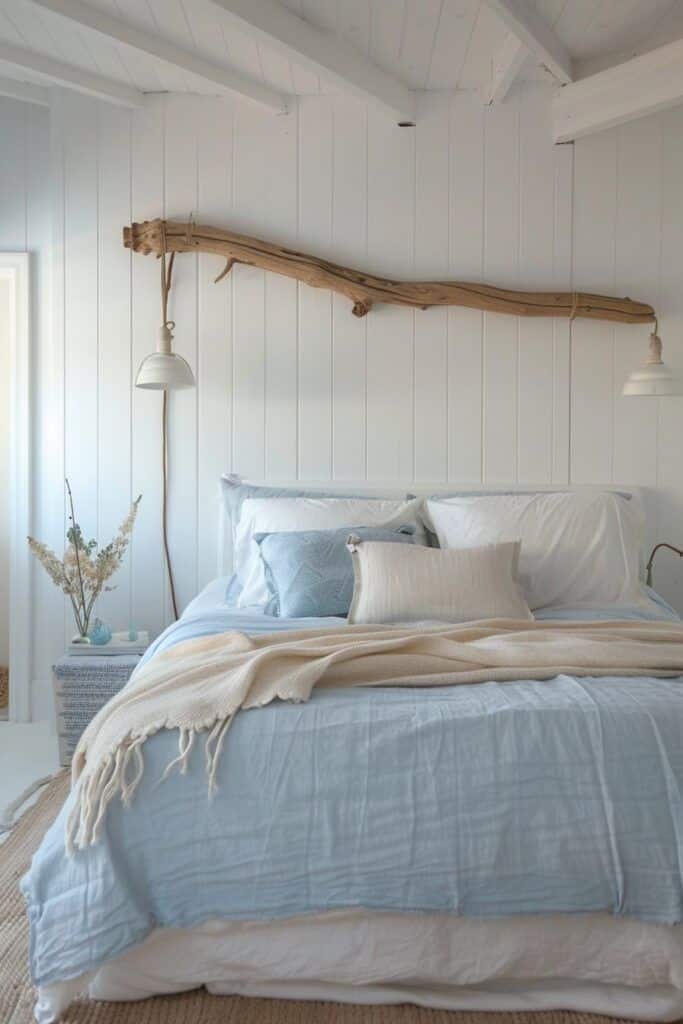 Cozy bedroom with driftwood decor, white walls, soft blue bedding, and natural lighting. Perfect serene setting for relaxation.
