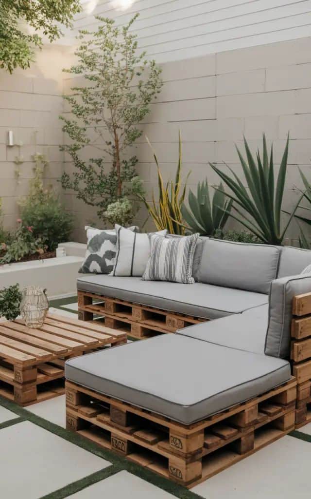 18 Easiest Backyard Oasis On A Budget Outdoor patio with wooden pallet furniture, comfy cushions, and lush plants for a cozy garden retreat. | Sky Rye Design Outdoor patio with wooden pallet furniture, comfy cushions, and lush plants for a cozy garden retreat.