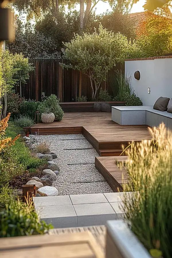 18 Must-Try Modern Garden Design Ideas Modern garden with wooden deck, stone pathway, lush greenery, and cozy seating under soft sunlight. Perfect for relaxation and outdoor living. | Sky Rye Design Modern garden with wooden deck, stone pathway, lush greenery, and cozy seating under soft sunlight. Perfect for relaxation and outdoor living.